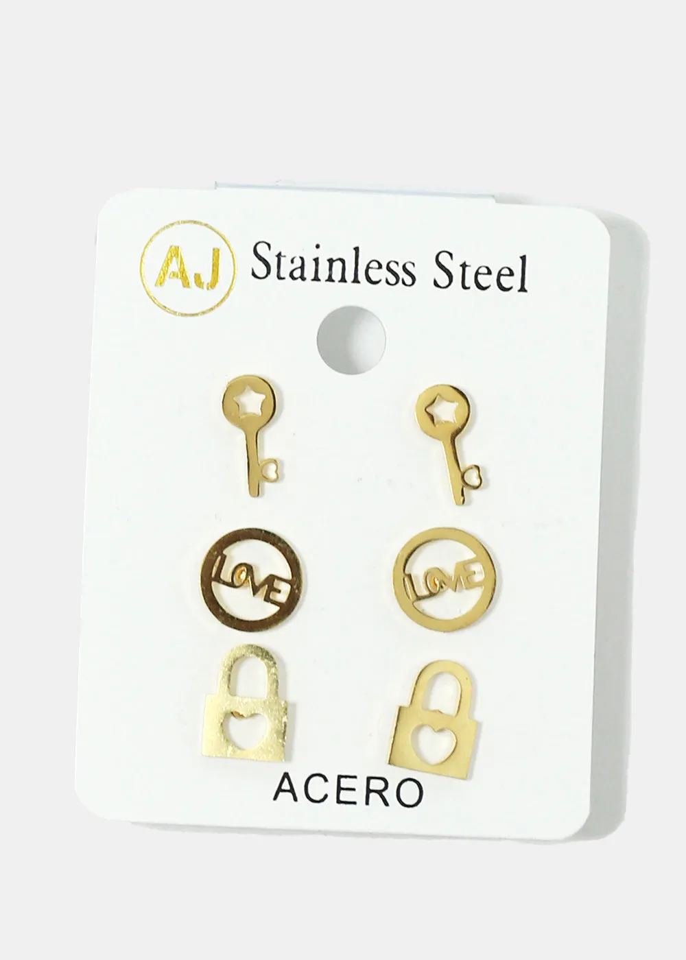 3-Pair Key & Lock Stud Earrings