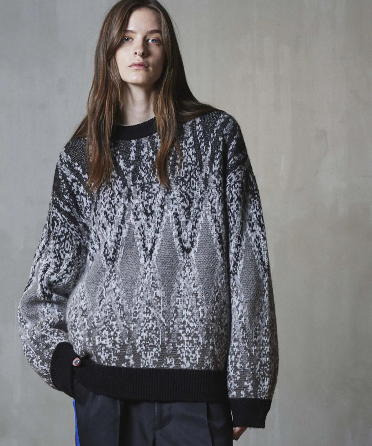 Airy Mohair Argyle Prime-Over Crew Neck Knit Pullover