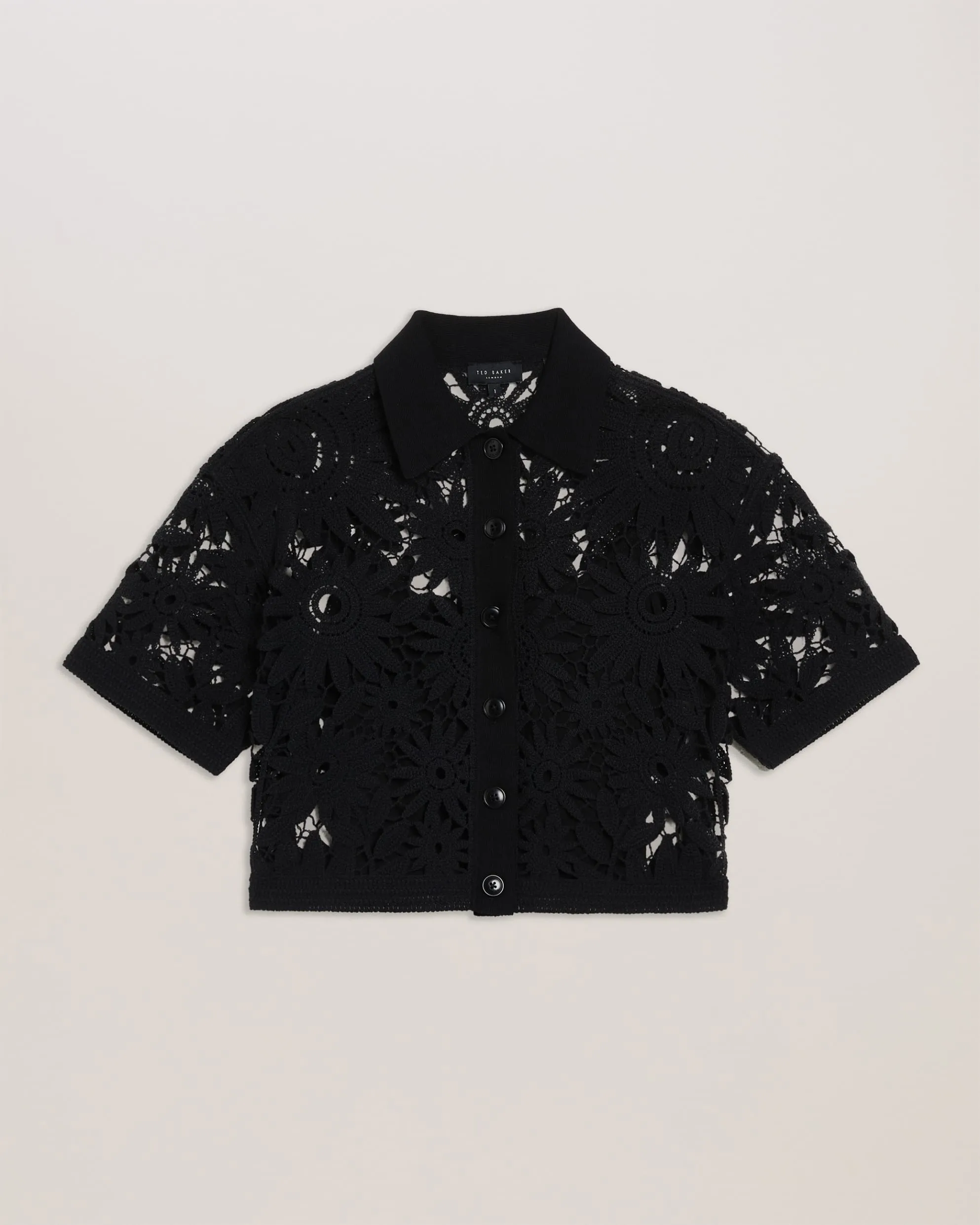 Angiiee Floral Crochet Boxy Cropped Shirt Black