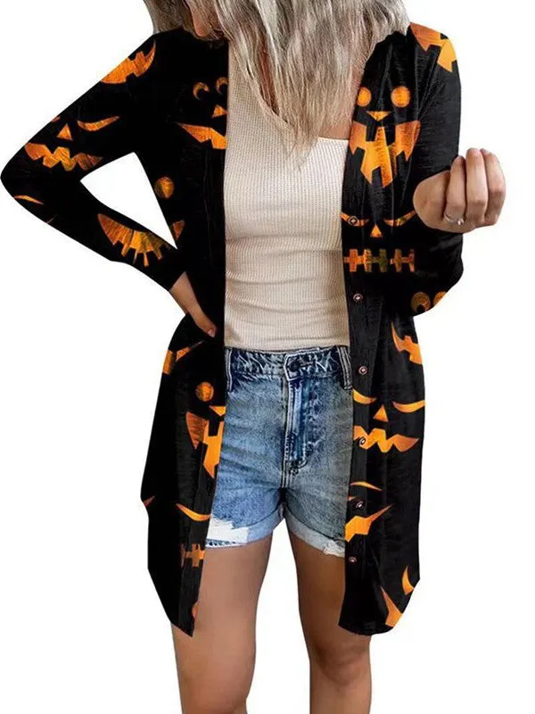 Ashore Shop Womens Halloween Print Cardigan Long Sleeve Pumpkin Coat