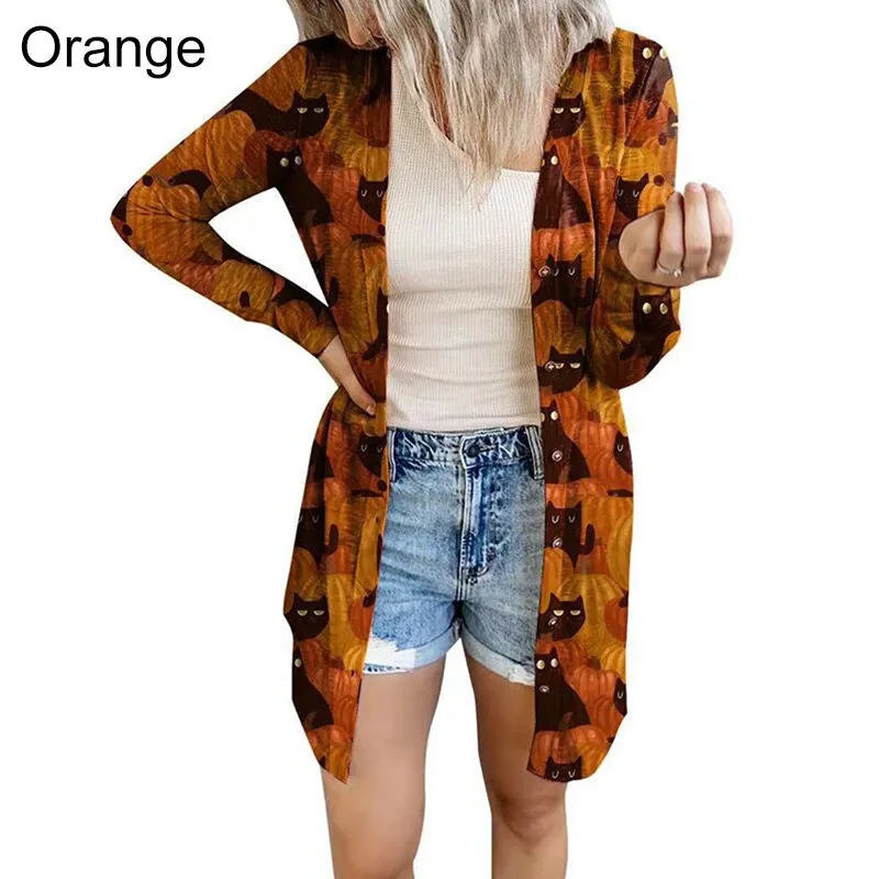 Ashore Shop Womens Halloween Print Cardigan Long Sleeve Pumpkin Coat