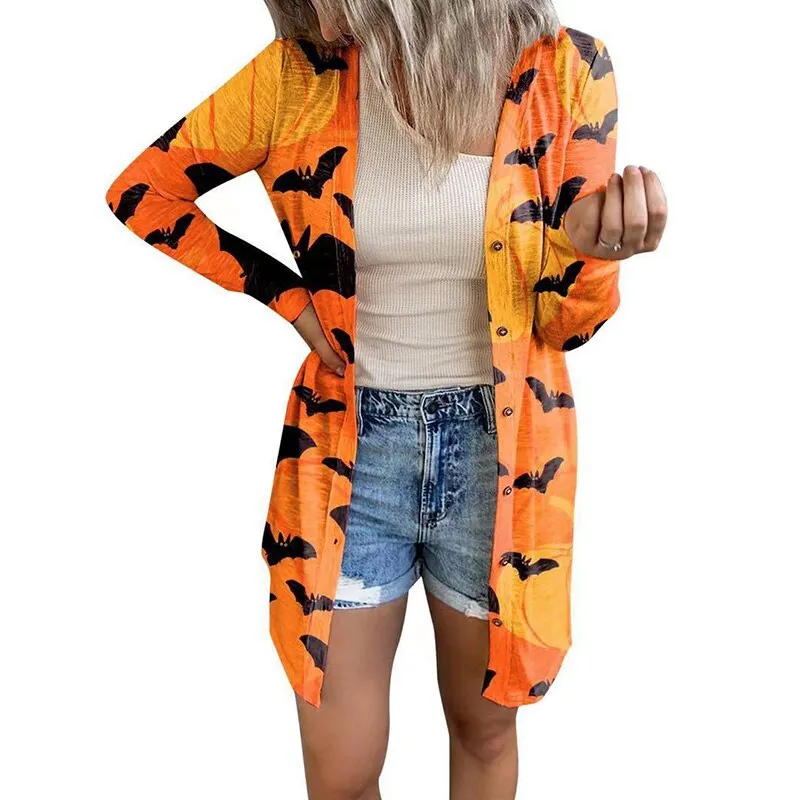 Ashore Shop Womens Halloween Print Cardigan Long Sleeve Pumpkin Coat