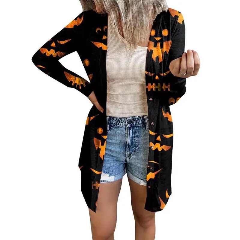 Ashore Shop Womens Halloween Print Cardigan Long Sleeve Pumpkin Coat