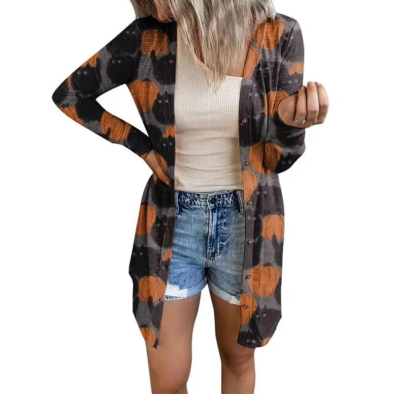 Ashore Shop Womens Halloween Print Cardigan Long Sleeve Pumpkin Coat