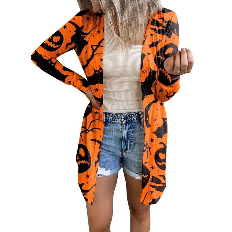 Ashore Shop Womens Halloween Print Cardigan Long Sleeve Pumpkin Coat