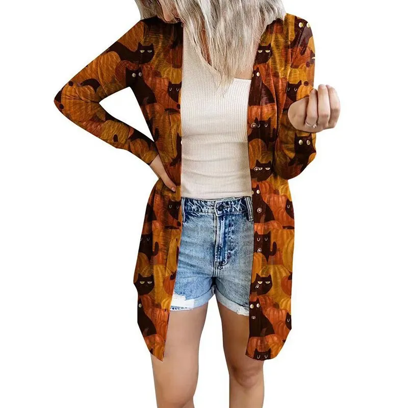 Ashore Shop Womens Halloween Print Cardigan Long Sleeve Pumpkin Coat