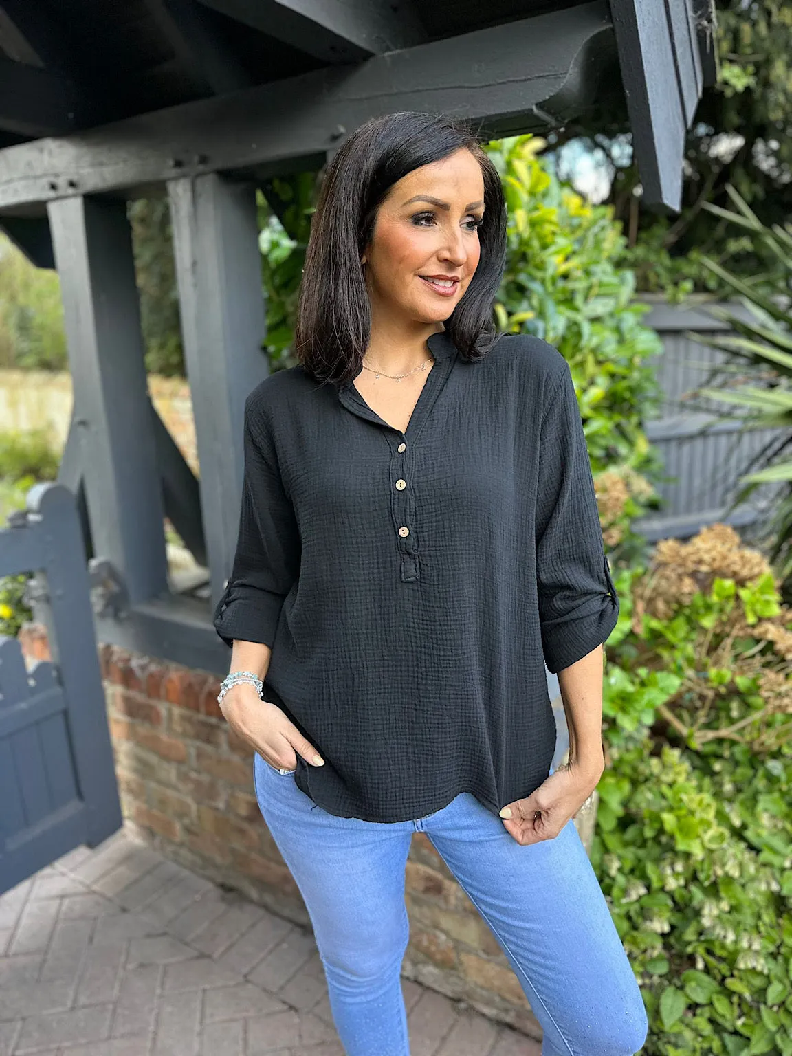 Black Bubble Cotton Lightweight Blouse Dinah