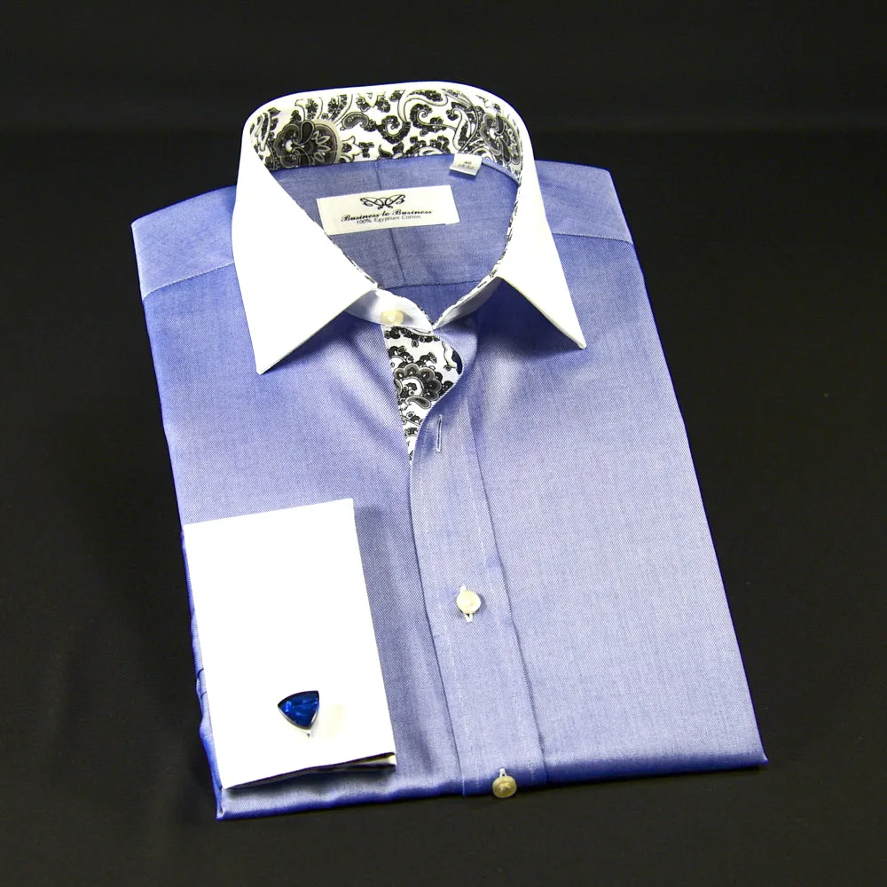 Blue Solid Oxford Winchester Cotton Formal Business Dress Shirt Floral Inner-Lining