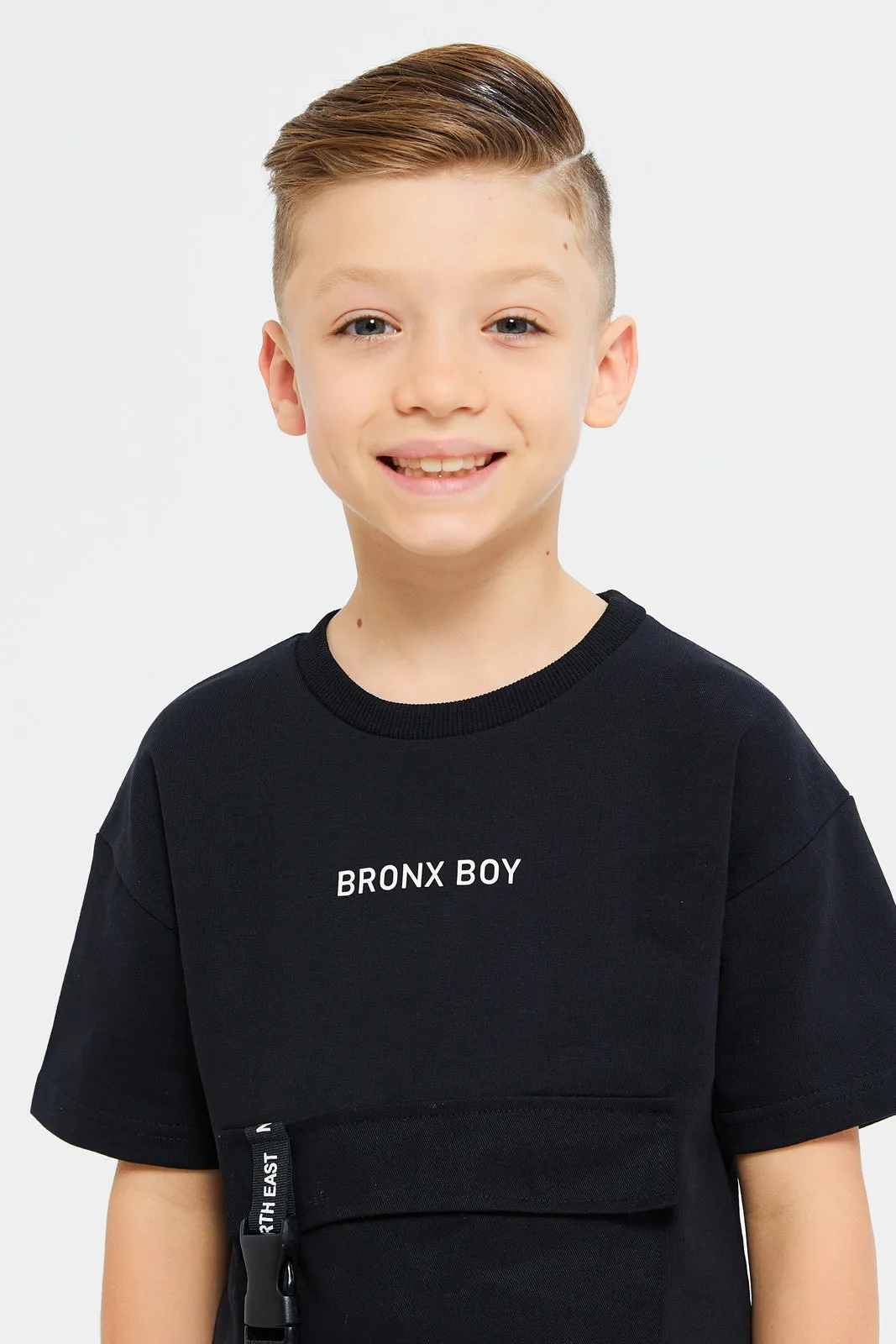 Boys Black Short Sleeve T-Shirt With Patch Pocket