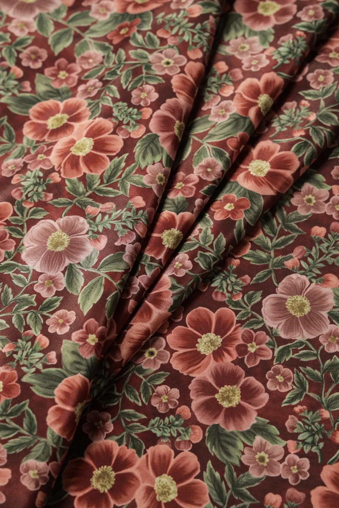 Brown And Olive Floral Digital Print On Dark Brown Crepe Fabric