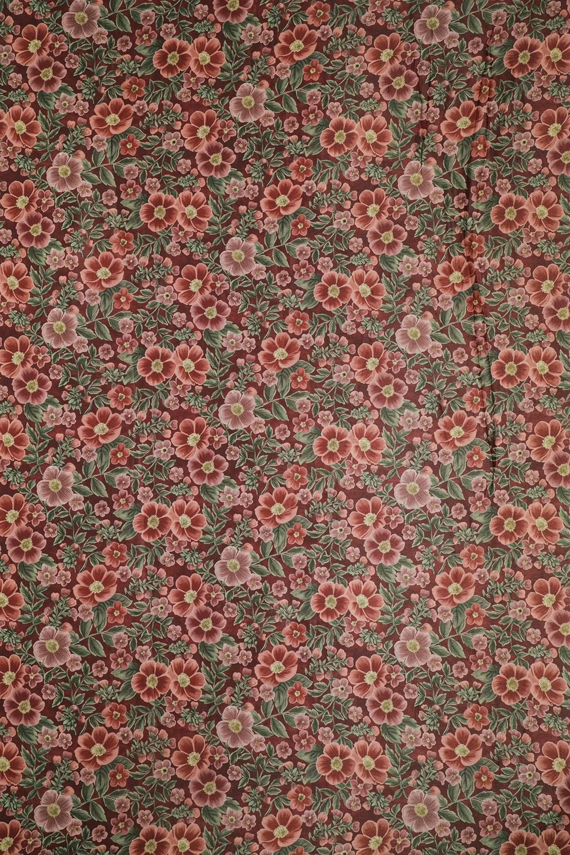 Brown And Olive Floral Digital Print On Dark Brown Crepe Fabric