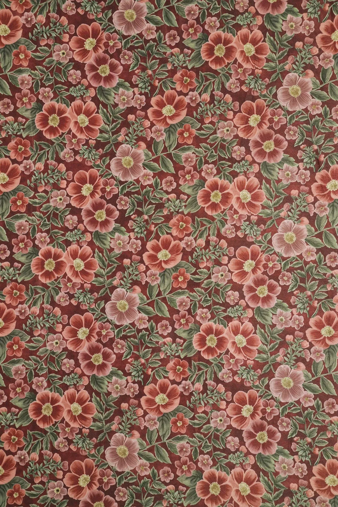 Brown And Olive Floral Digital Print On Dark Brown Crepe Fabric