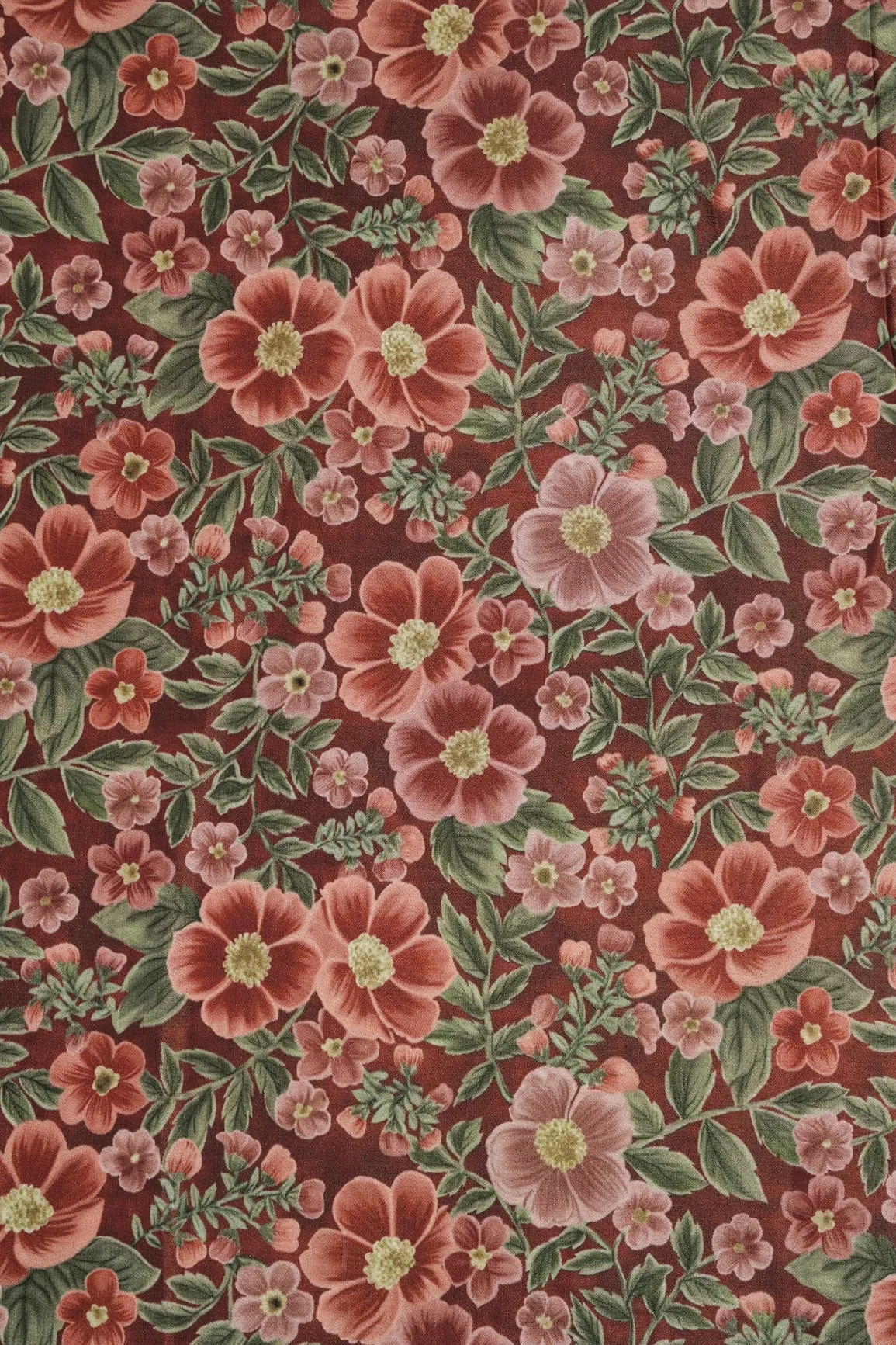 Brown And Olive Floral Digital Print On Dark Brown Crepe Fabric