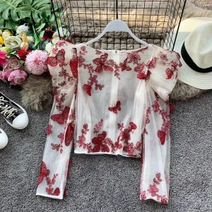 Butterfly Embroidered Patches Mesh Blouse