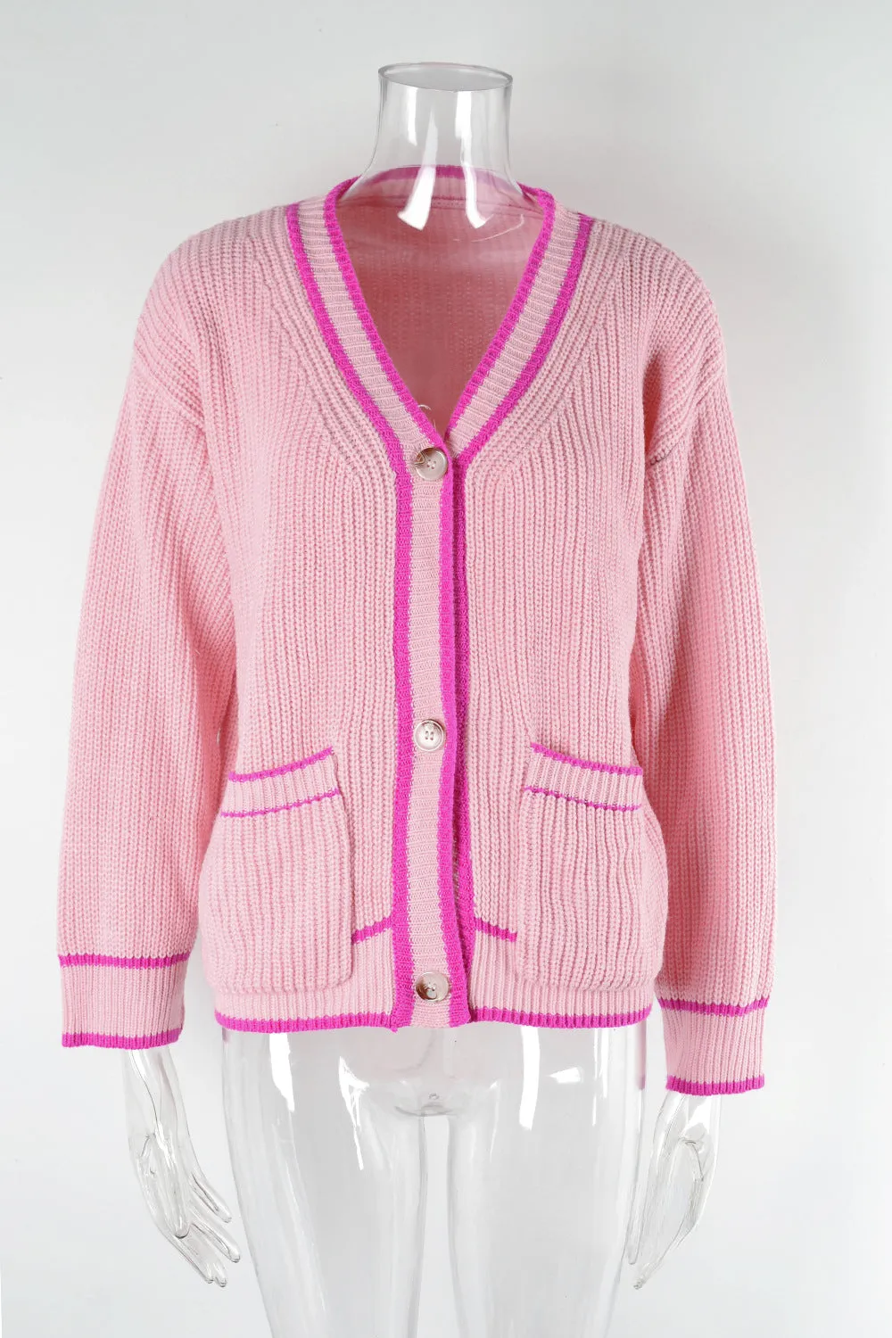 Button Knit Colorblock Pocket V-Neck Sweater Cardigan Wholesale Women'S Top