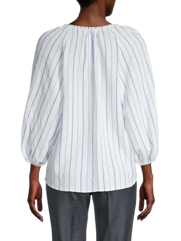 Calvin Klein Vertical Striped Peasant Plaid Top, soft white