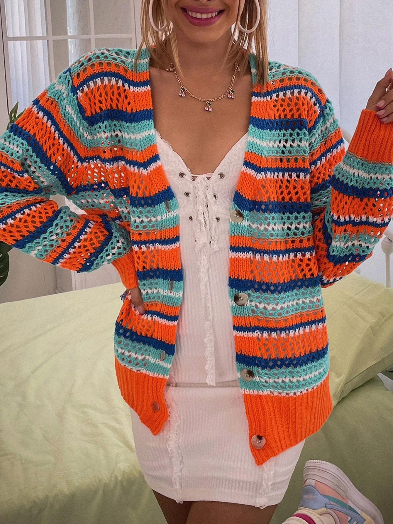 Casual All Over Print Button Front Long Sleeve V Neck Semi-Sheer Regular Women Cardigan