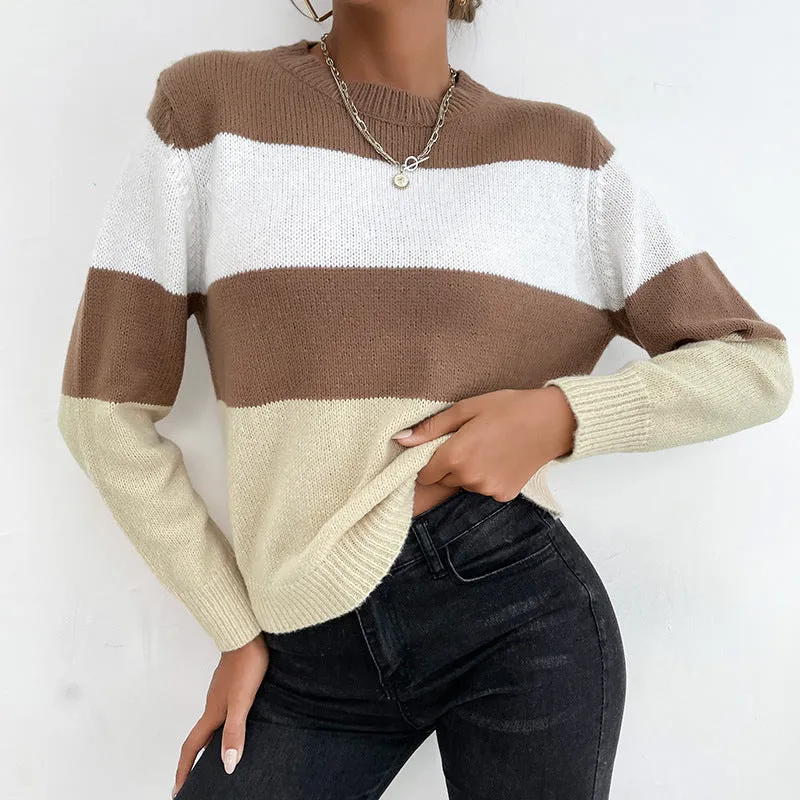 Casual Color Block Long Sleeve Crew Neck Sweater Wholesale Women Top