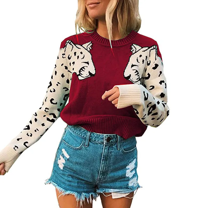 Casual Color-Blocking Print Tops Loose Long Sleeve Wholesale Sweater