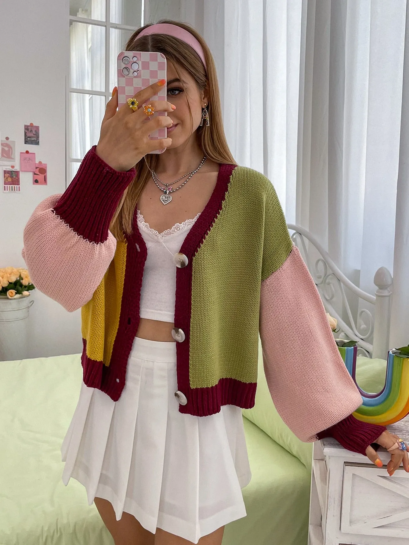 Casual Colorblock Button Front Long Sleeve V Neck Regular Women Cardigan