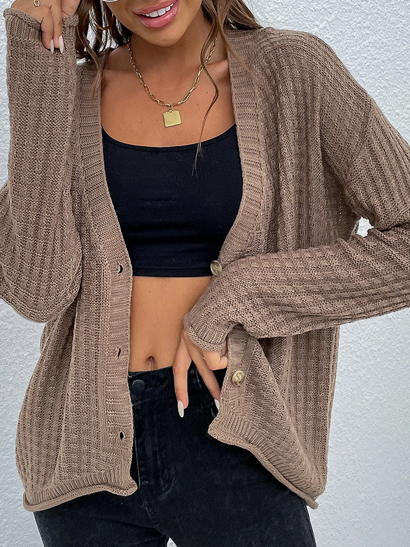 Casual Plain Button Front Long Sleeve Regular Women Cardigan