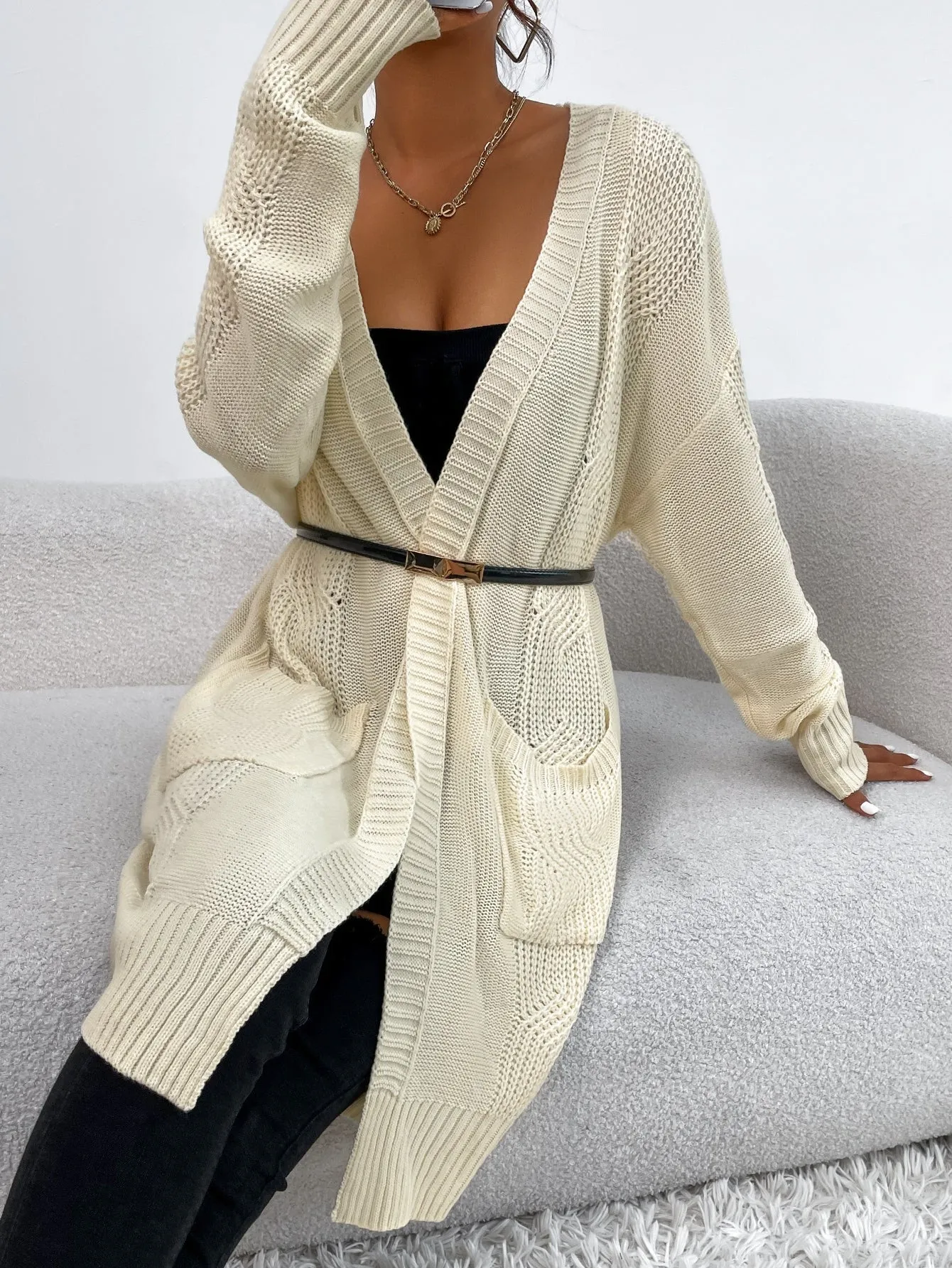 Casual Plain Pocket Long Sleeve Crop Women Cardigan