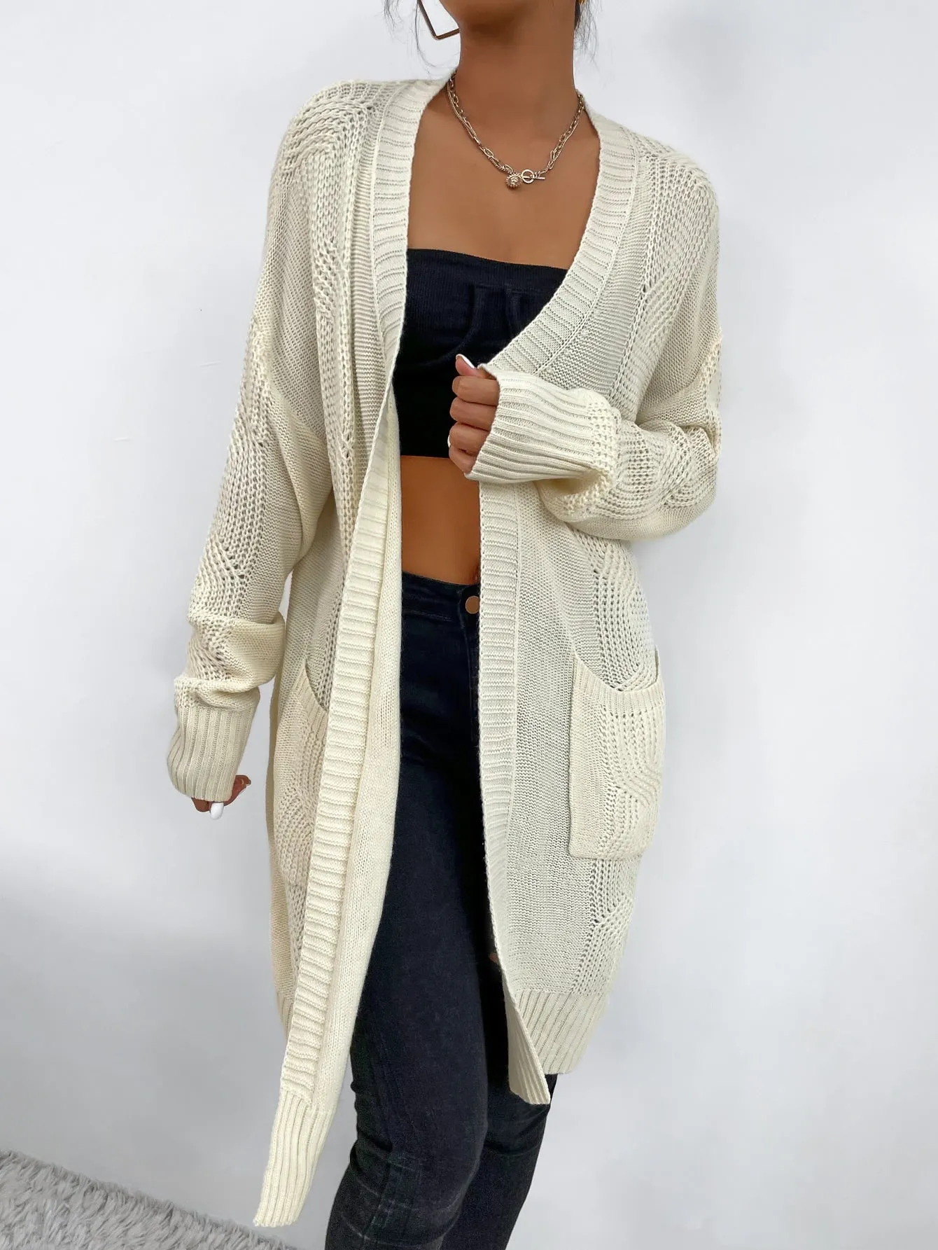 Casual Plain Pocket Long Sleeve Crop Women Cardigan