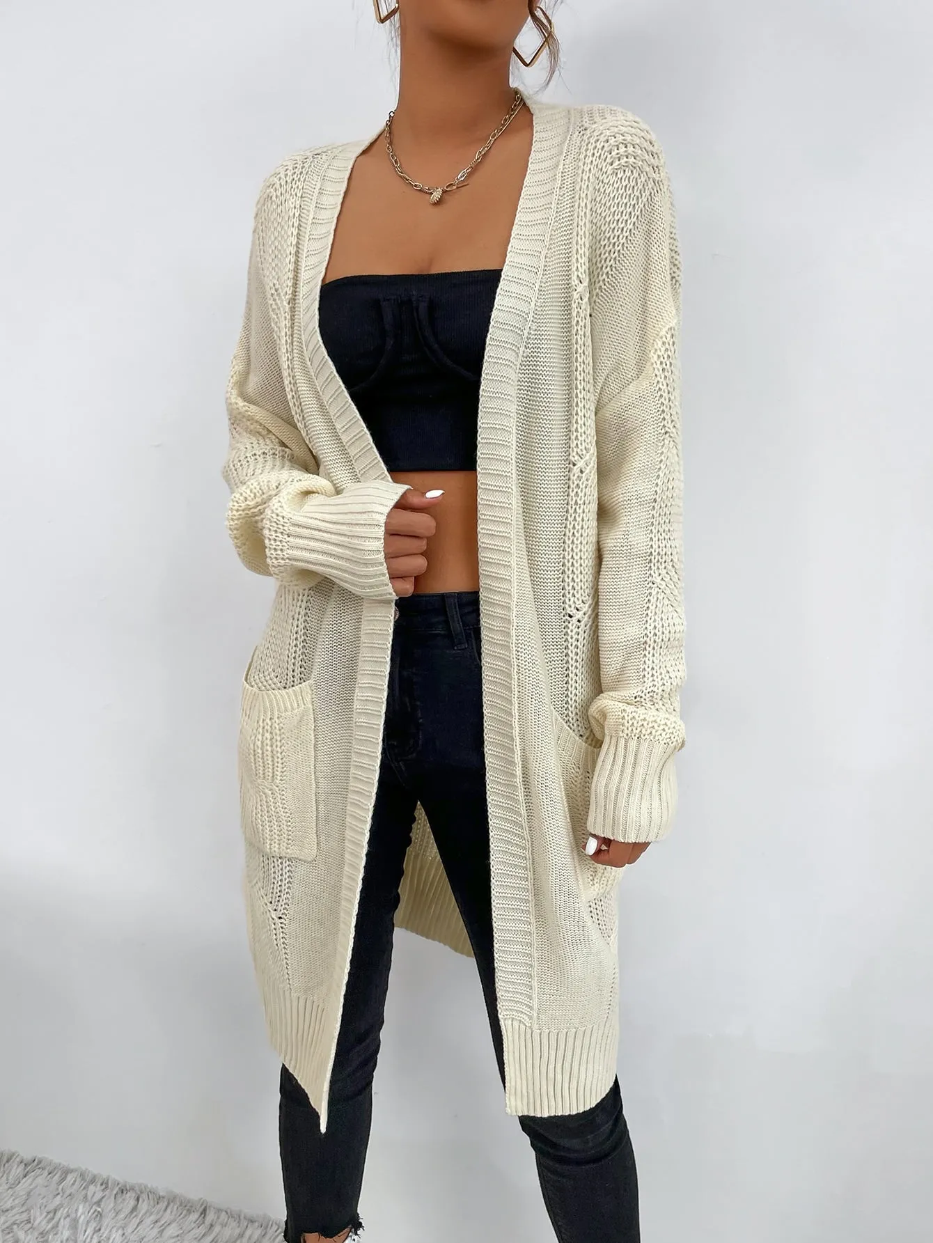 Casual Plain Pocket Long Sleeve Crop Women Cardigan