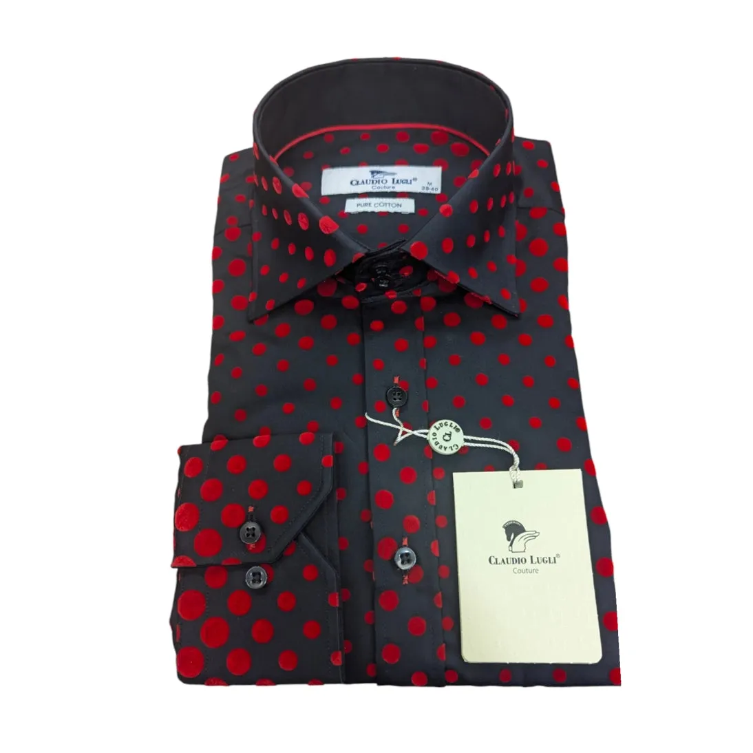 Claudio Lugli Spots Print Shirt Black Red Flocked Fabric CP6975