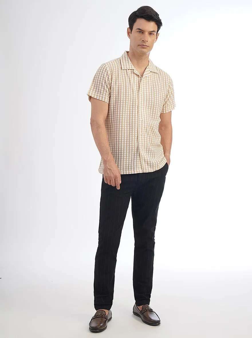 Cream Striped Slim Fit Casual Shirt | JadeBlue