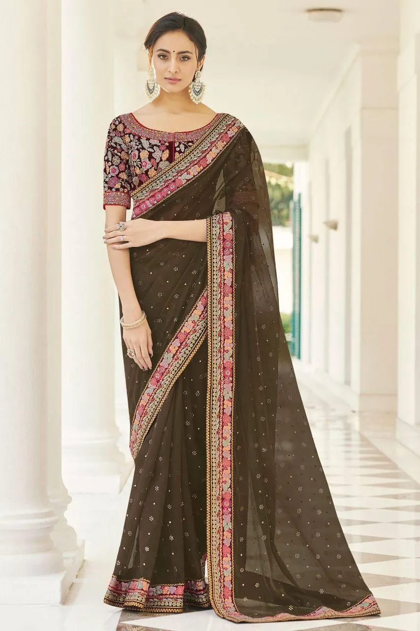 Dark Olive Green Floral Georgette Embroidery Saree