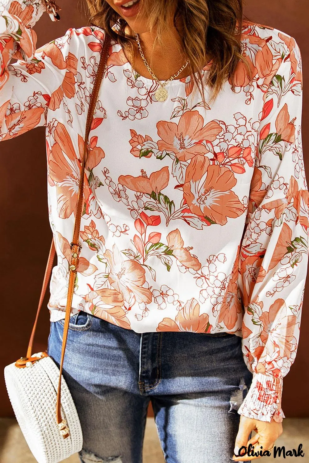 Deanwangkt - Orange floral print puff sleeve shirt with smocked cuffs