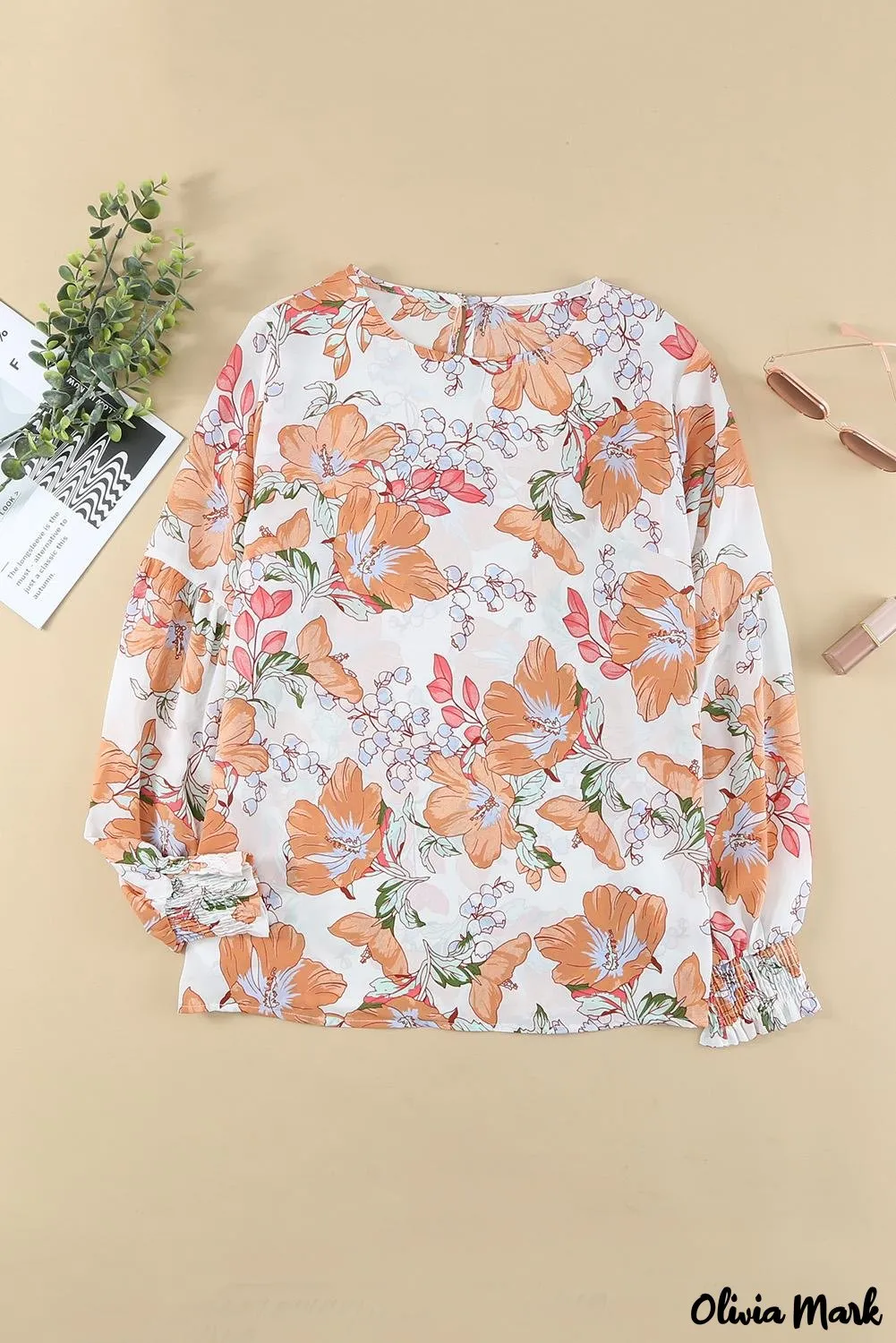 Deanwangkt - Orange floral print puff sleeve shirt with smocked cuffs