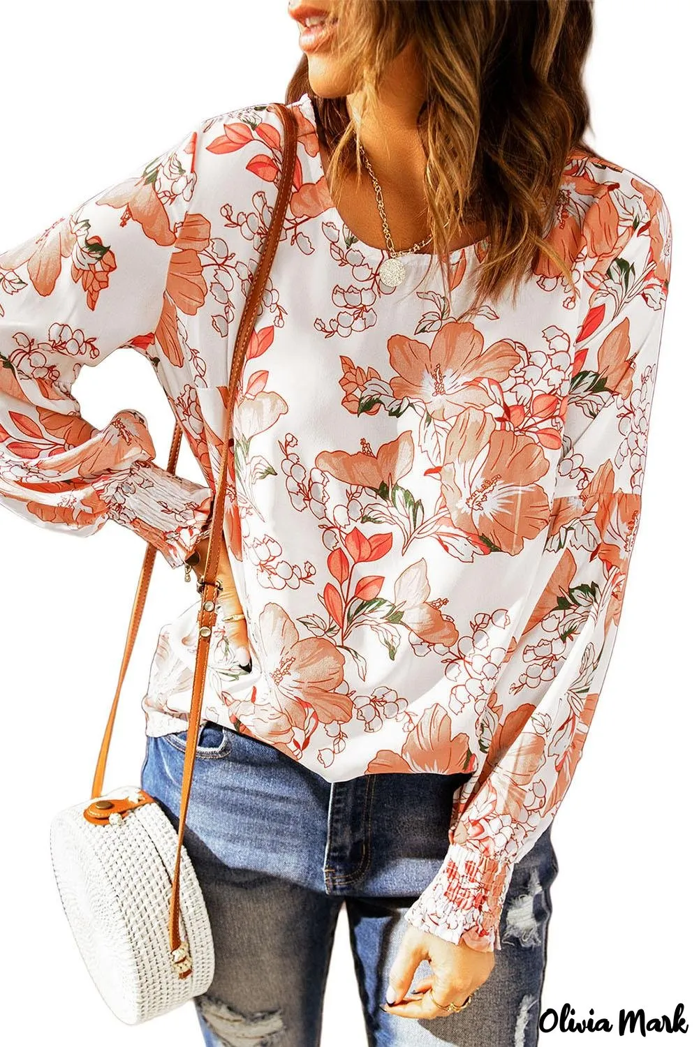 Deanwangkt - Orange floral print puff sleeve shirt with smocked cuffs