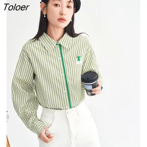 deanwangkt Women Shirts  Spring Long Sleeve Polo Neck Loose Blouse Green and White Stripes Vintage Casual All-match Tops