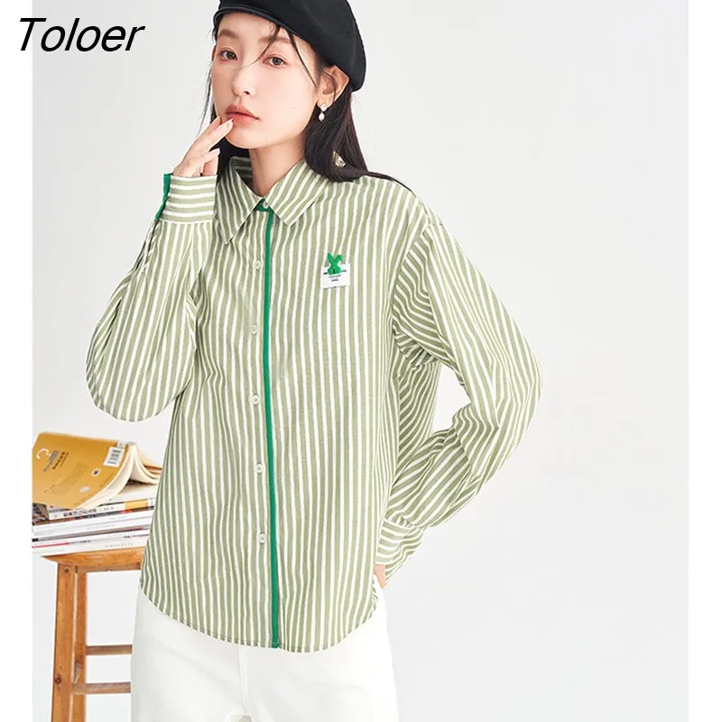 deanwangkt Women Shirts  Spring Long Sleeve Polo Neck Loose Blouse Green and White Stripes Vintage Casual All-match Tops