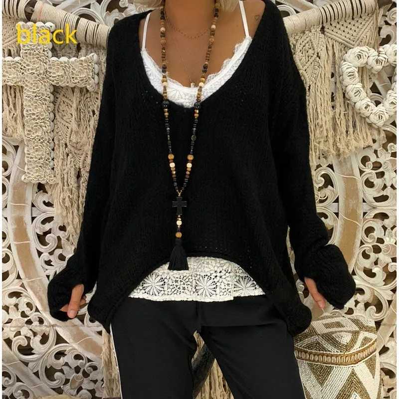 Deep V-neck Irregular Loose Women Pullover Sweater with Gloves