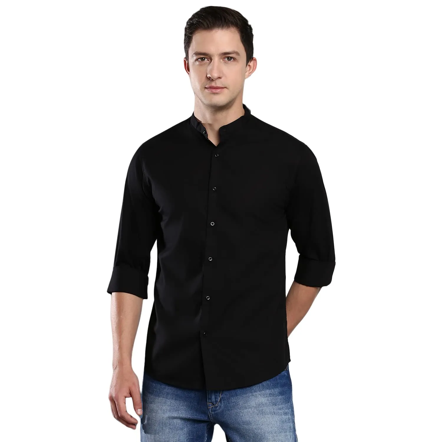 Dennis Lingo Men's Solid Casual Full Sleeves Black Cotton Shirt