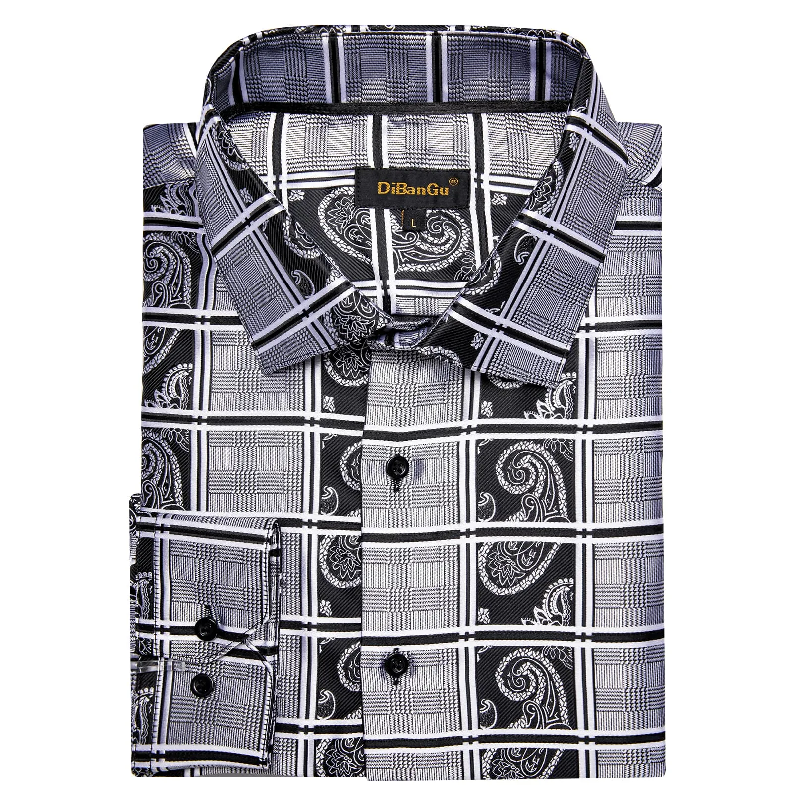 DiBanGu Dress Shirt Taupe Gray Black Plaid Paisley Button Down Long Sleeve Mens Shirt Top