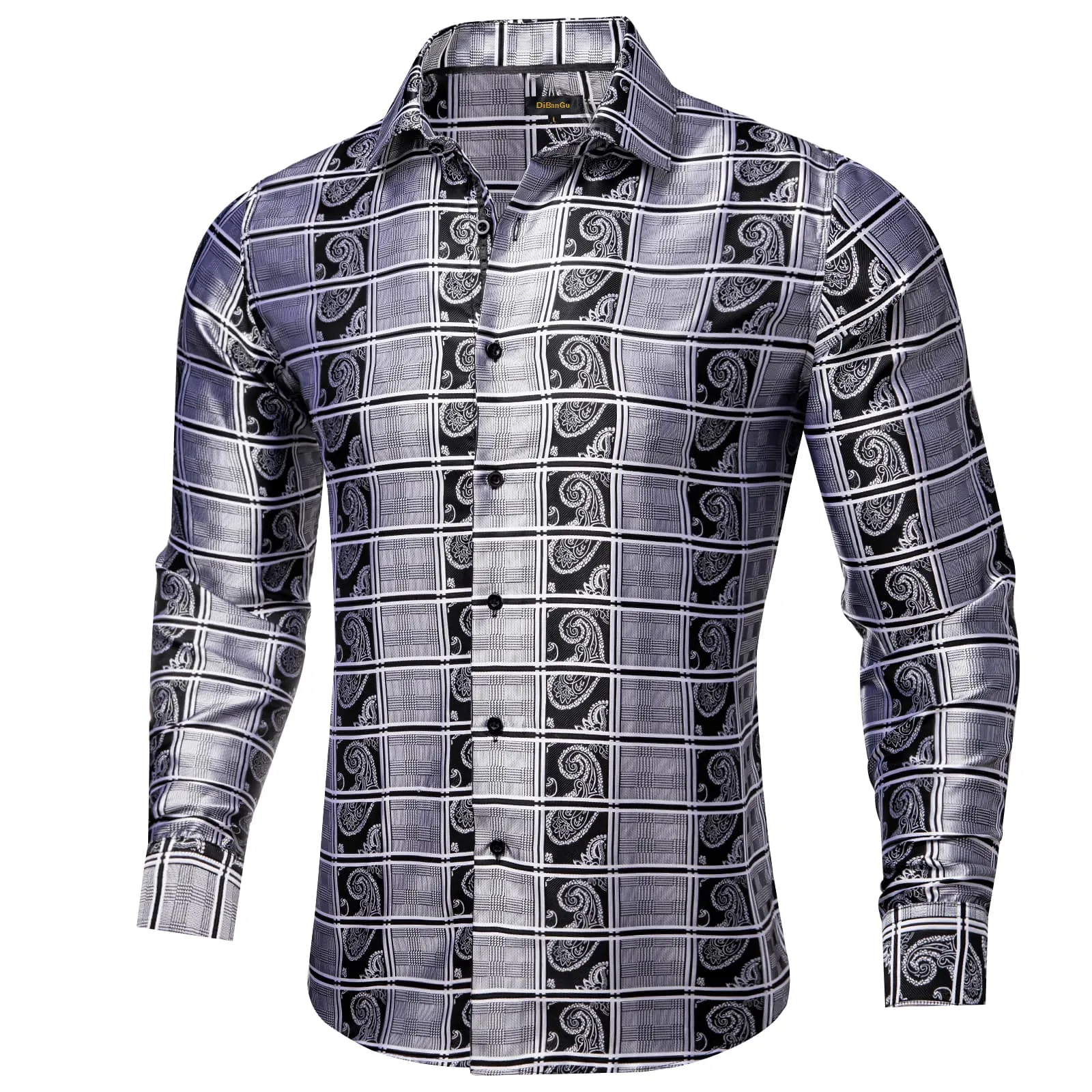 DiBanGu Dress Shirt Taupe Gray Black Plaid Paisley Button Down Long Sleeve Mens Shirt Top