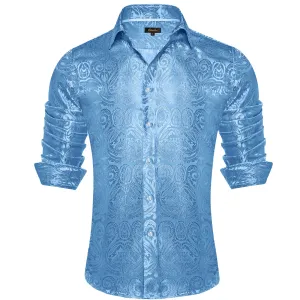 DiBanGu Shirt for Men Celestial Blue Paisley Long Sleeve Silk Button Up Shirt