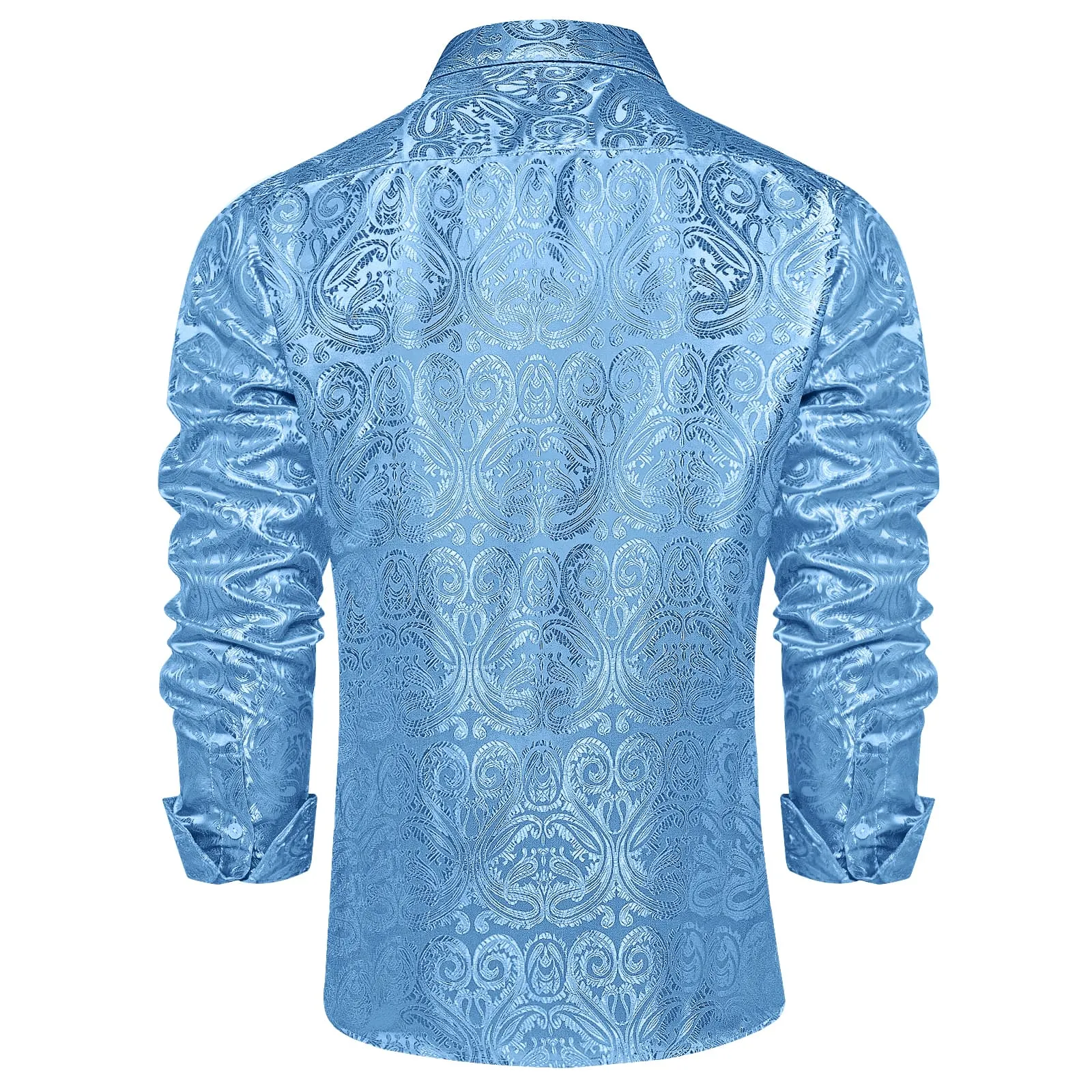 DiBanGu Shirt for Men Celestial Blue Paisley Long Sleeve Silk Button Up Shirt