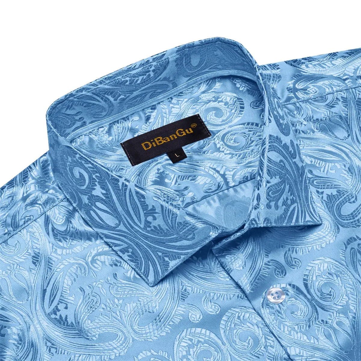 DiBanGu Shirt for Men Celestial Blue Paisley Long Sleeve Silk Button Up Shirt