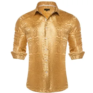 DiBanGu Shirt for Men Lion Brown Paisley Silk Button Up Long Sleeve Shirt Design