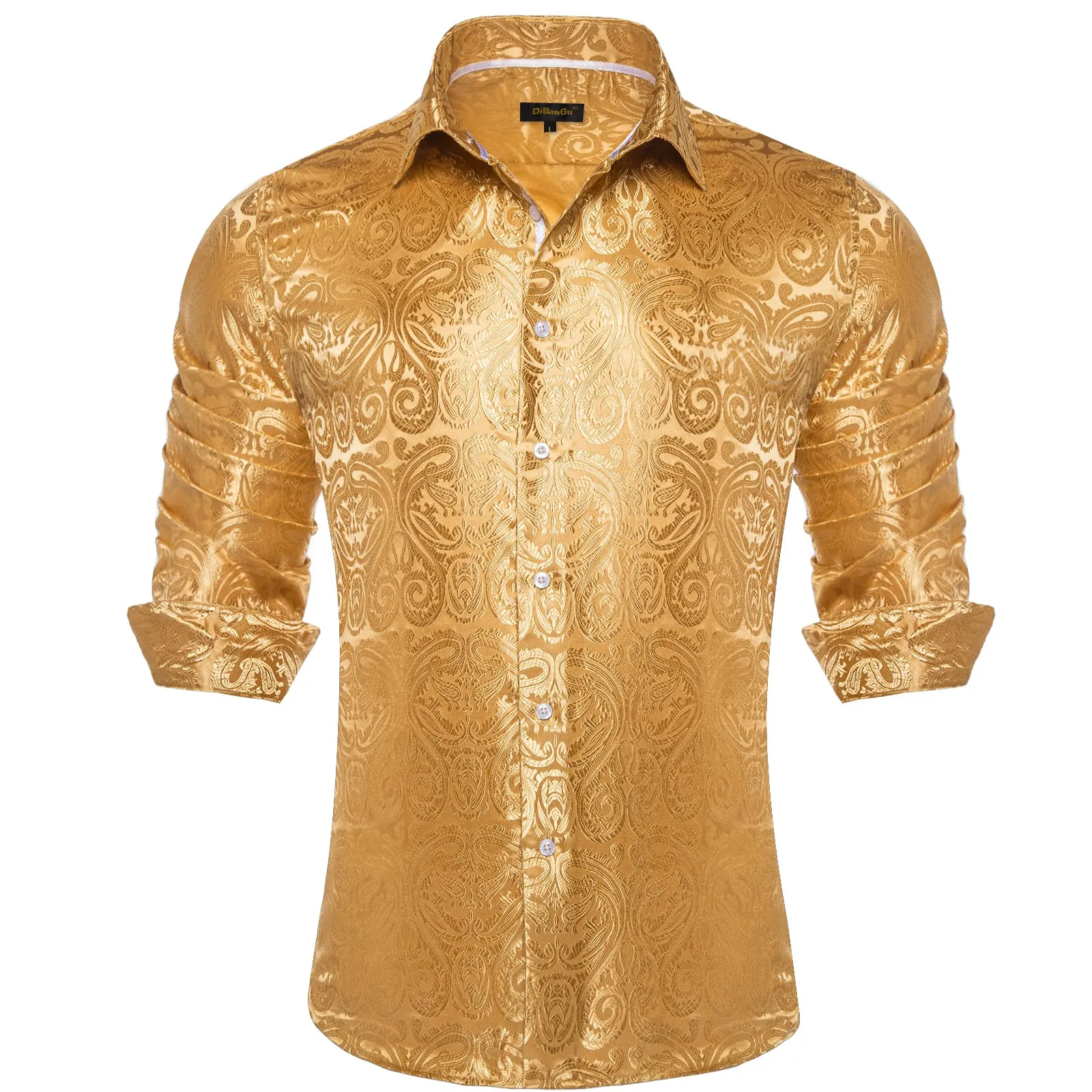 DiBanGu Shirt for Men Lion Brown Paisley Silk Button Up Long Sleeve Shirt Design