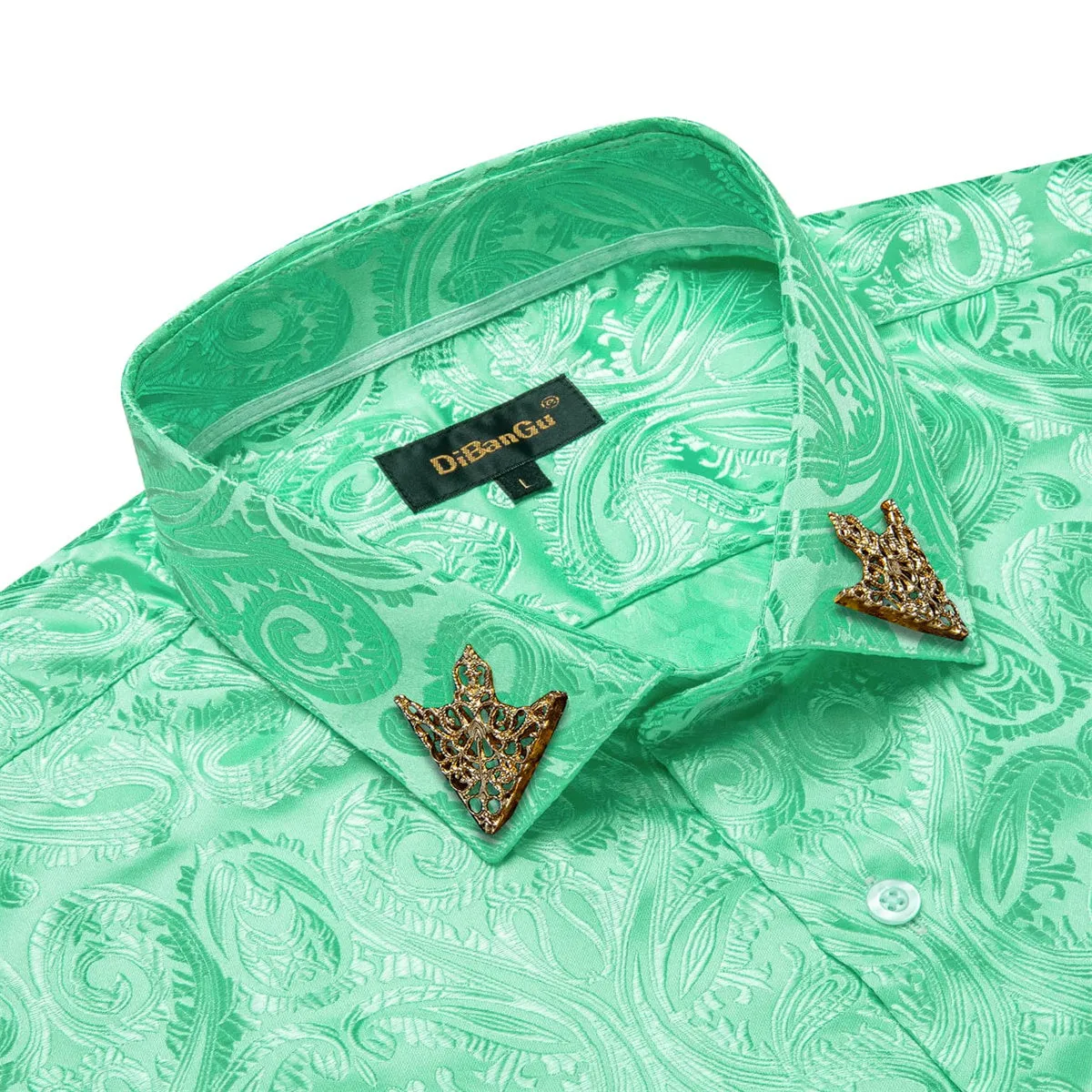 DiBanGu Shirt for Men Pearl Aqua Green Paisley Long Sleeve Silk Button Up Business Dress Shirt