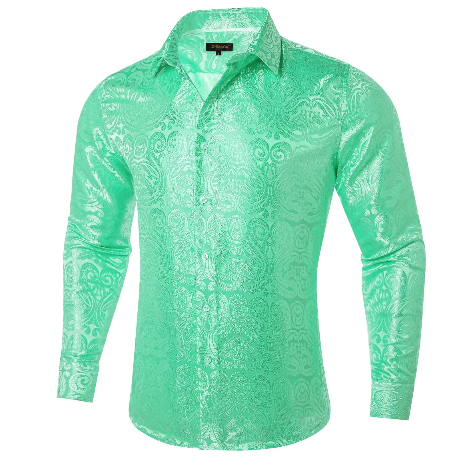 DiBanGu Shirt for Men Pearl Aqua Green Paisley Long Sleeve Silk Button Up Business Dress Shirt