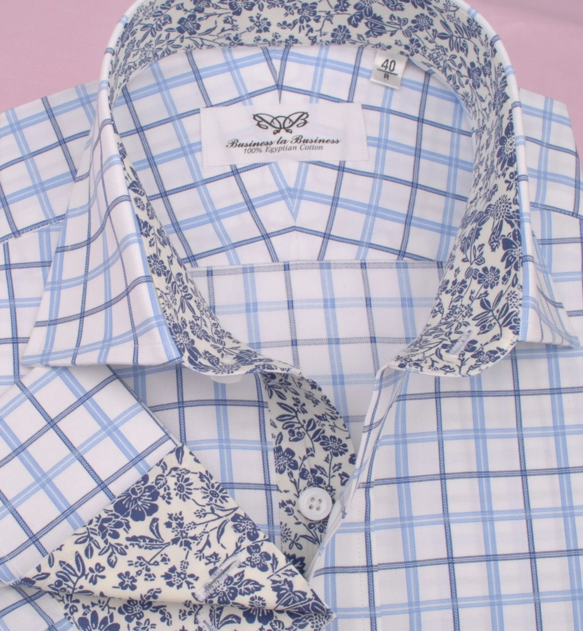 Dignified Blue Striped Check on Twill Formal Business Dress Shirt with Floral Inner-Lining