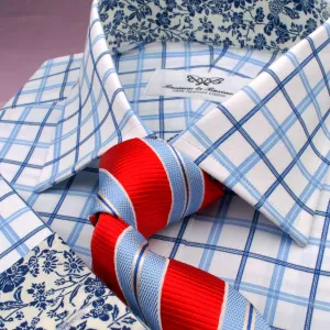 Dignified Blue Striped Check on Twill Formal Business Dress Shirt with Floral Inner-Lining