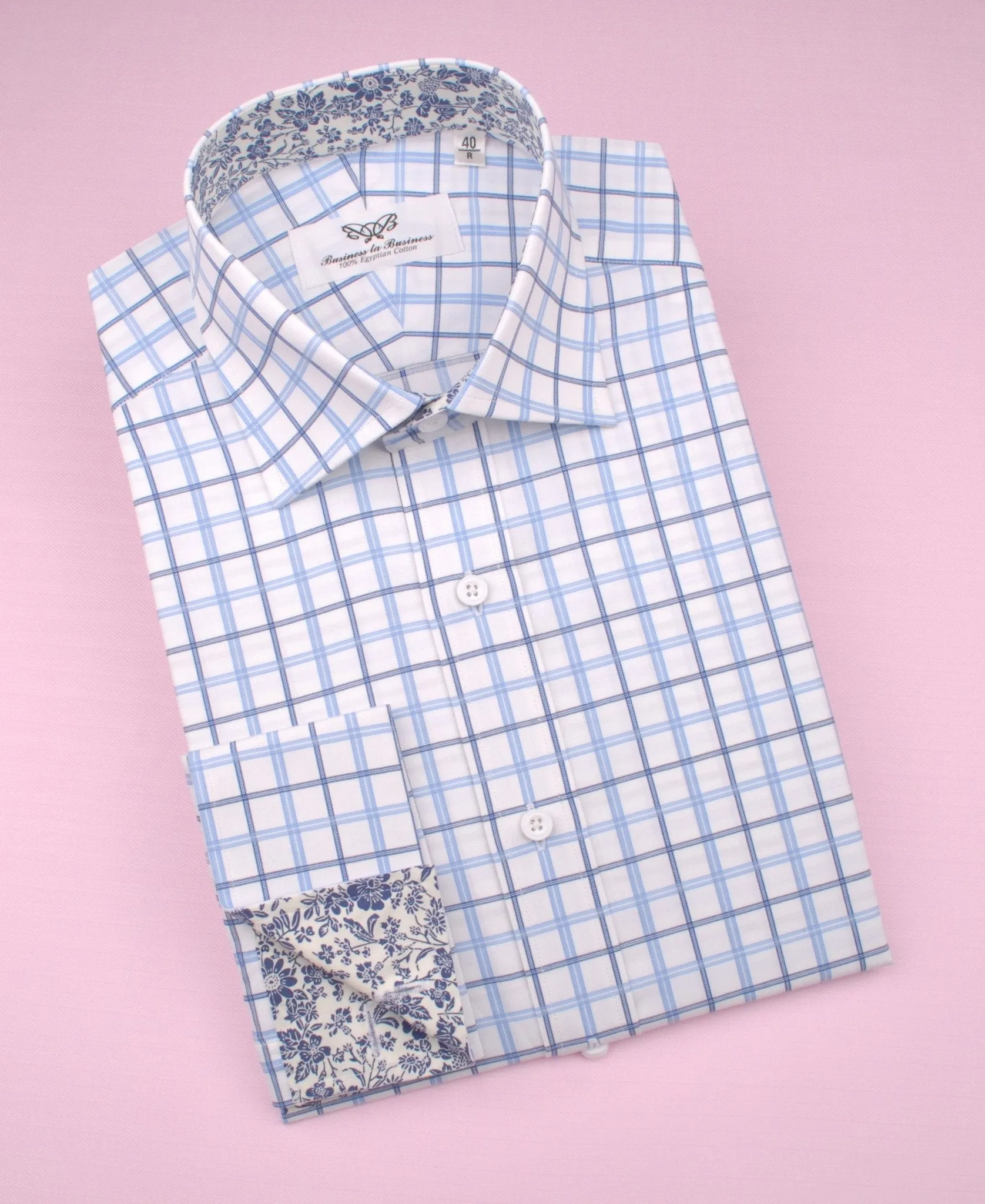 Dignified Blue Striped Check on Twill Formal Business Dress Shirt with Floral Inner-Lining